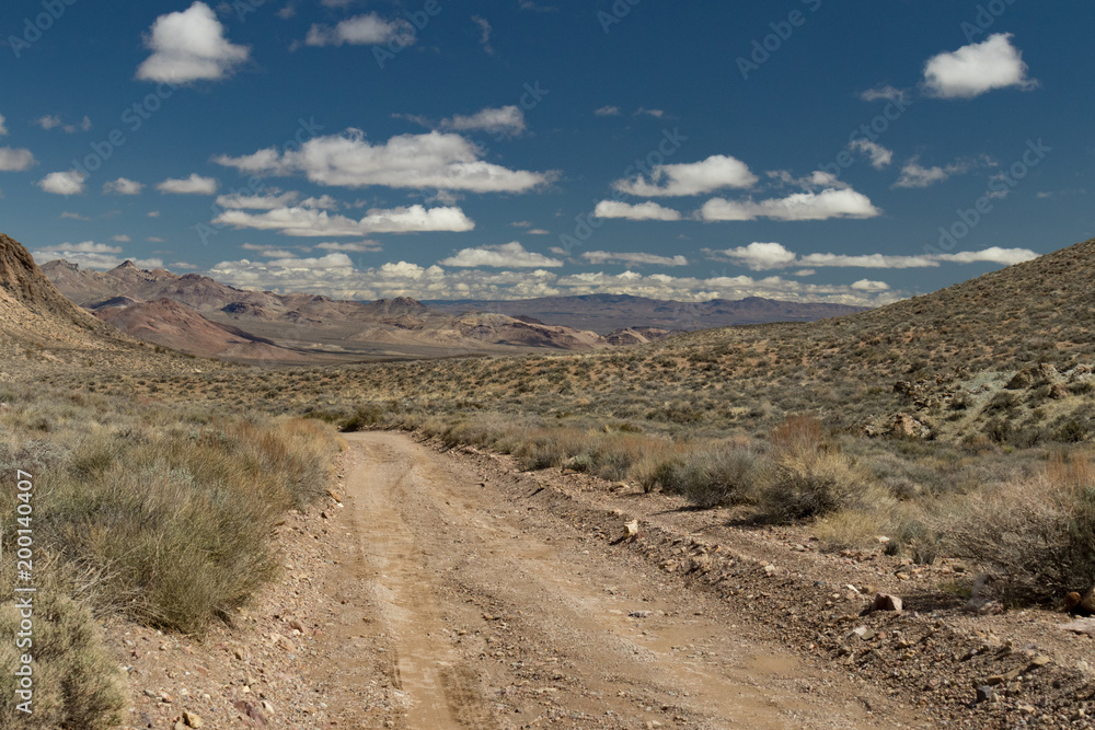 Titus Canyon Road winding through Grapevine Mountains in the Mojave Desert at Death Valley National Park California