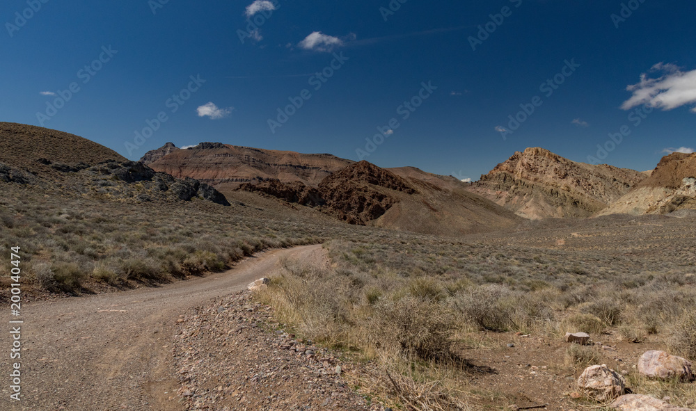 Titus Canyon Road winding through Grapevine Mountains in the Mojave Desert at Death Valley National Park California