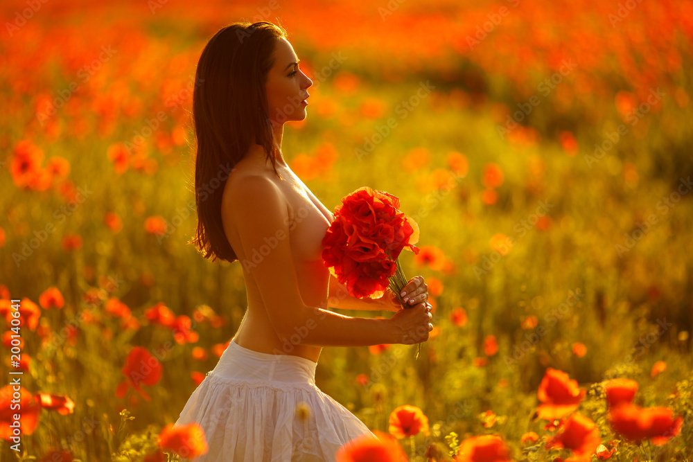 portrait of a sexy woman in a poppy field at sunset on a background of  poppies, holding a bouquet of flowers from poppies. romantic girl in the  sun Stock Photo | Adobe