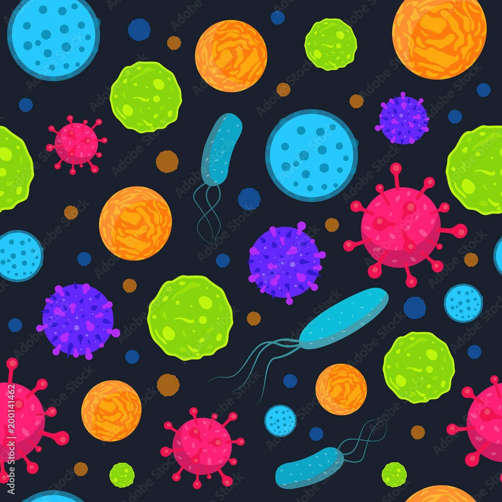 Seamless funny pattern with bacteria and virus. Infection bacteria and virus background vector biology print. Microbe seamless pattern. Seamless funny pattern with bacteria and virus. Infection bacteria and virus background vector biology print. Microbe seamless pattern.