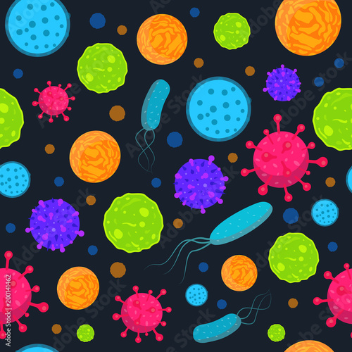 Seamless funny pattern with bacteria and virus. Infection bacteria and virus background vector biology print. Microbe seamless pattern.
