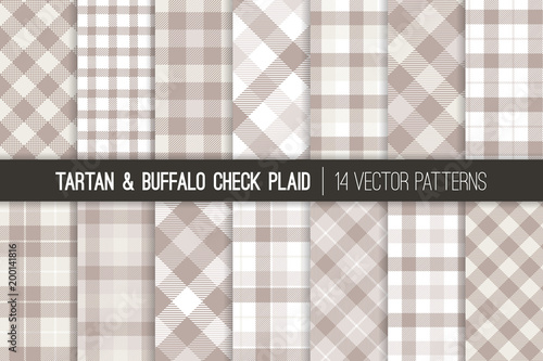  Pastel Gray Tartan and Buffalo Check Plaid Vector Patterns. Taupe, Gray and White Flannel Shirt Fabric Textures. Hipster Fashion. Checkered Print Subtle Backgrounds. Pattern Tile Swatches Included.