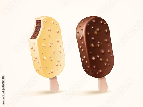Vector ice cream bar with white and dark chocolate glaze with nuts isolated on light background for design uses on white background in 3d illustration. Packaging design element for product advertising