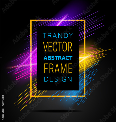 Vector modern frame with geometric neon glowing lines isolated on black background. Art graphics with glitch effect. Design element for business cards, gift cards, invitations, flyers, brochures.
