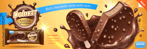 Deluxe chocolate ice cream bar ads. Premium ice bar in chocolate splash with glaze and crunchy nuts isolated on warm background. Packing and label design. Vector realistic 3d illustration.