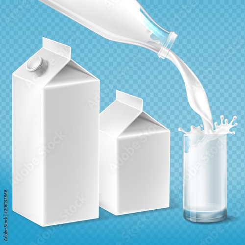 Vector milk packaging set, swirling in the glass from bottle. Mock up of farm product on blue background. Advertising poster, promo banner of natural drink, template for label