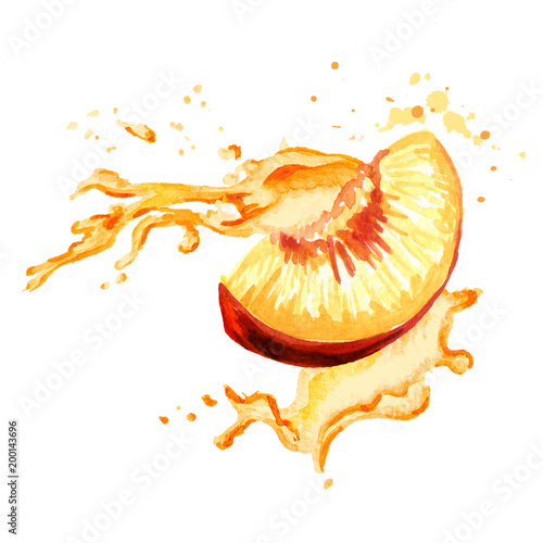 Juice splash with peach fruit slice. Watercolor hand drawn illustration, isolated on white background © dariaustiugova