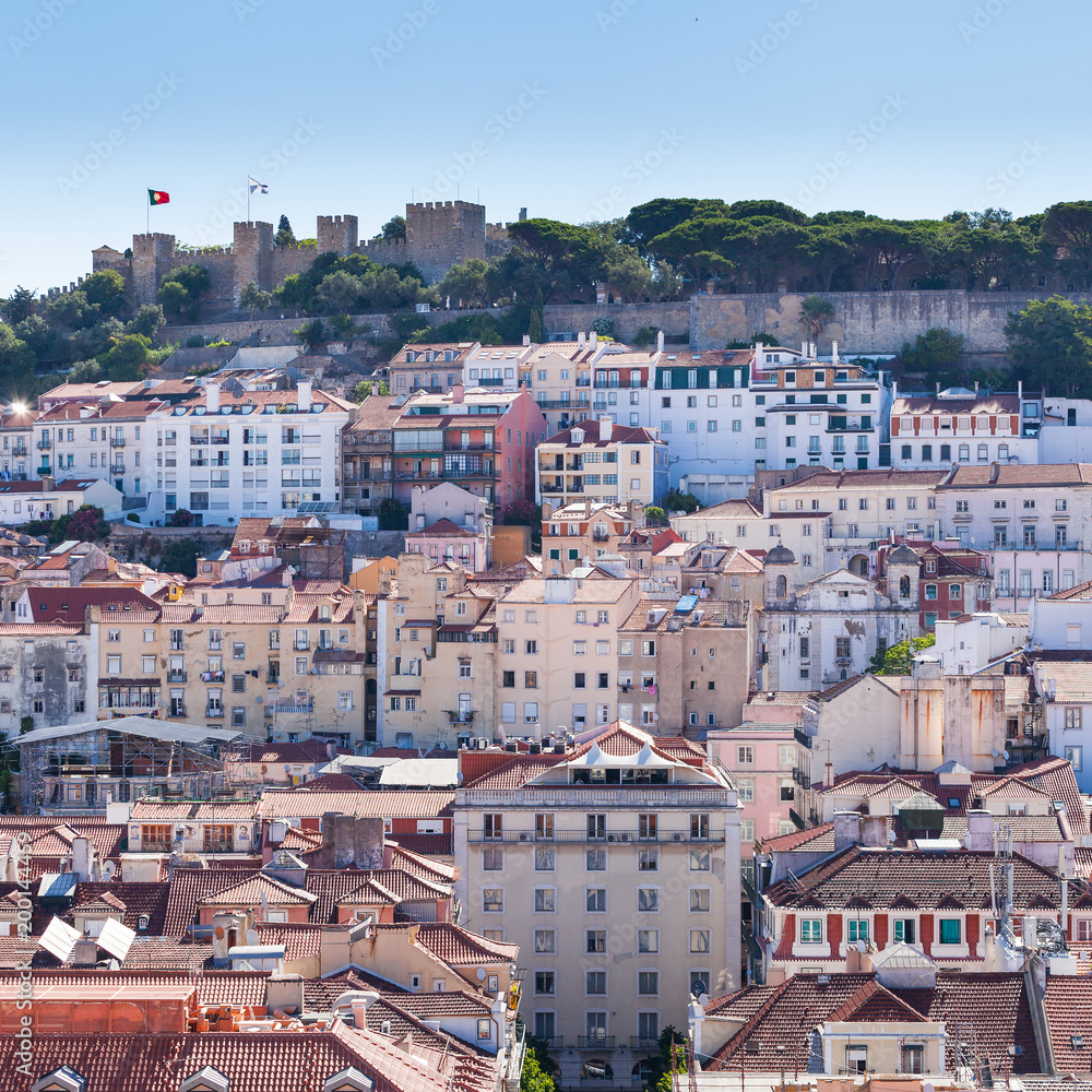 View of Alfama, the old neighborhood of Lisbon and and St. George's Castle, from the Santa Justa Lift