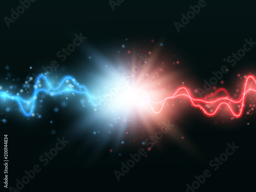 Collision of two forces with red and blue light. Vector versus concept.