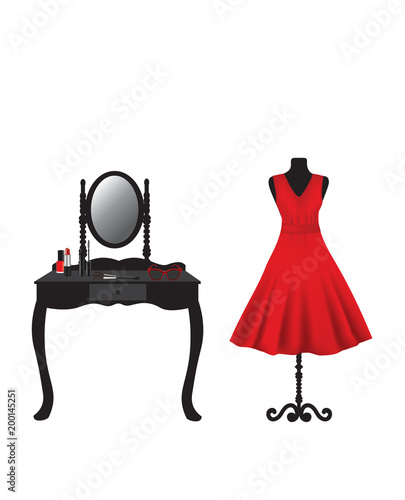 Red dress on mannequin and dressing table with makeup, vector