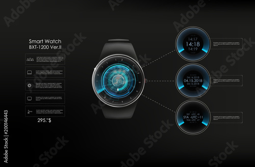 Vector realistic illustration of concept smart watch, technology functions and template text. Smart watch vector illustration.