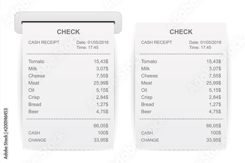 Creative vector illustration of sales printed receipt. Art design bill atm check. Abstract concept graphic financial element. Isolated on background mockup document list