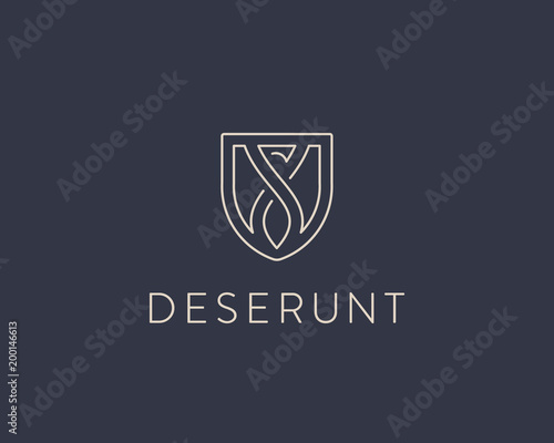Eagle shield logo design. Linear dragon vector logotype.