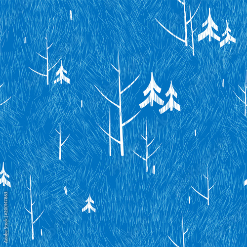 Winter pattern with trees on a blue background. Forest frosty seamless texture. Vector illustration.