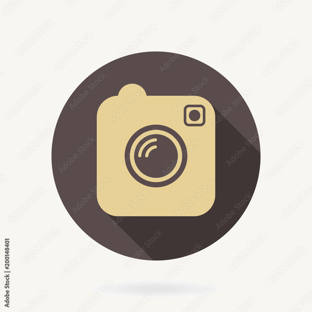 Camera golden flat icon in the brown circle with long shadow Camera golden flat icon in the brown circle with long shadow