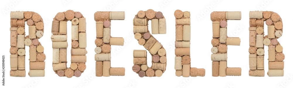 Grape variety Roesler made of wine corks Isolated on white background