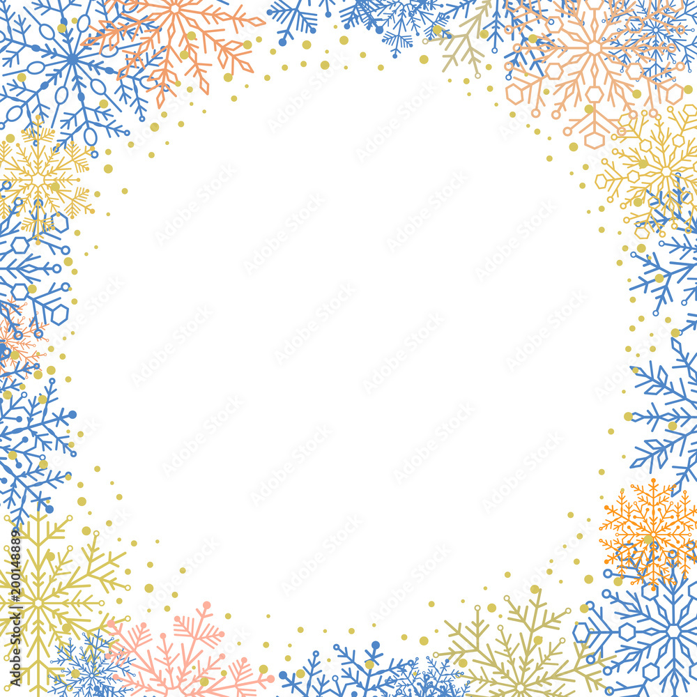 Winter colorful frame with arabesques and snowflakes. Fine greeting card. Pattern with snowflakes