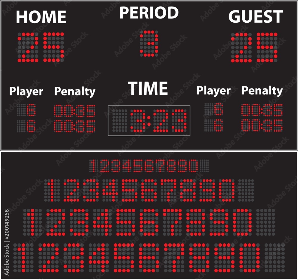Fototapeta premium Vector image of a black digital electronic scoreboard for ice hockey with sets of numbers of different sizes.