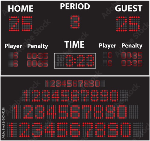 Vector image of a black digital electronic scoreboard for ice hockey with sets of numbers of different sizes.
