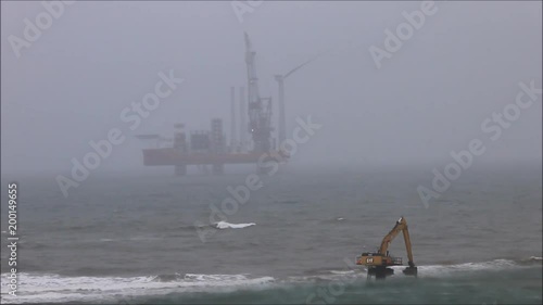 First wind turbine installed in waters off the coast of Aberdeen. Balmedie, Aberdeenshire, Scotland, UK. April 10th 2018  photo