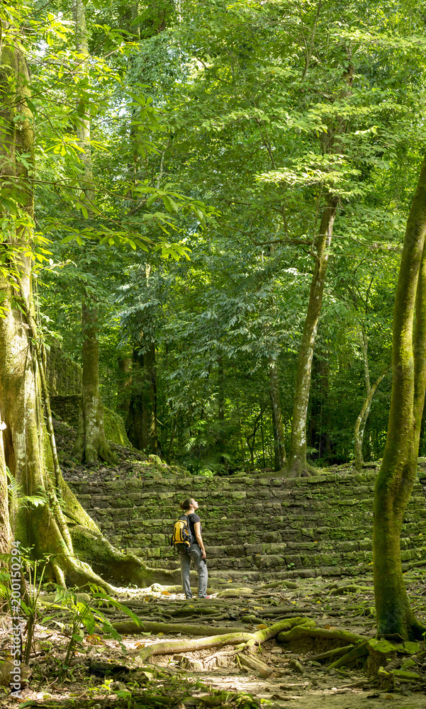 Fotografie Woman Exploring Jungle Ruins