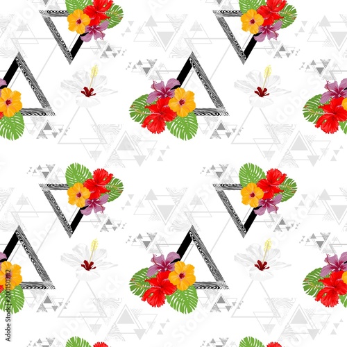 topical Botany Hibiscus flower and Monstera leaf vector seamless pattern chic fashion design with triangle Geometry texture design with white background
