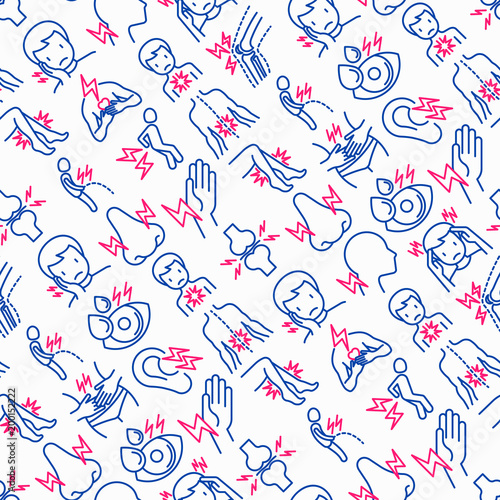 Body aches seamless pattern with thin line icons: migraine, toothache, pain in eyes, ear, nose, when urinating, chest pain, menstrual, joint, arthritis, rheumatism. Modern vector illustration.