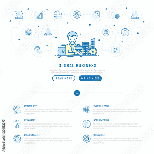 Global business concept: manager with planet in hand. Thin line icons: investment, outsourcing, agreement, transactions, time zone, headquarter, start up. Modern vector illustration, web page template