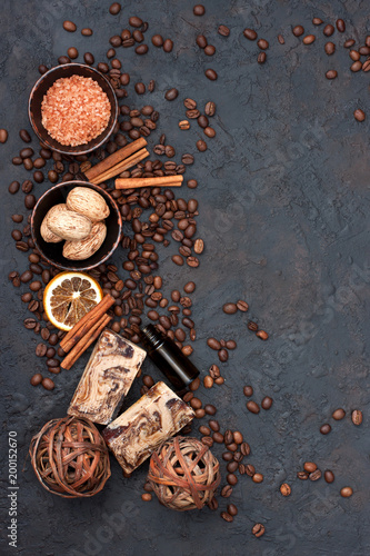 Spa still life with coffee beans on dark background