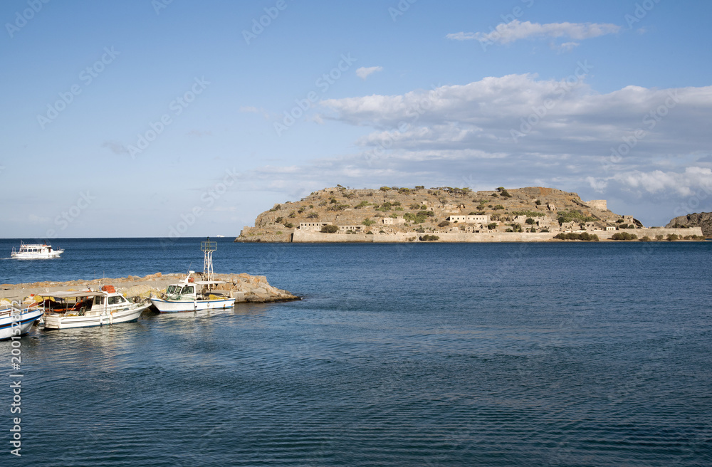 Spinalonga Island, Crete, Greece, 2017.  The famous former Leper Colony viewed from Elounda coastline in eastern Crete