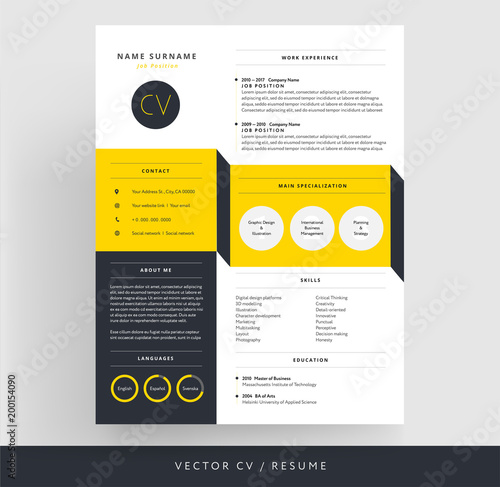 Creative CV / resume template yellow and black color 3d effect - minimalist vector
