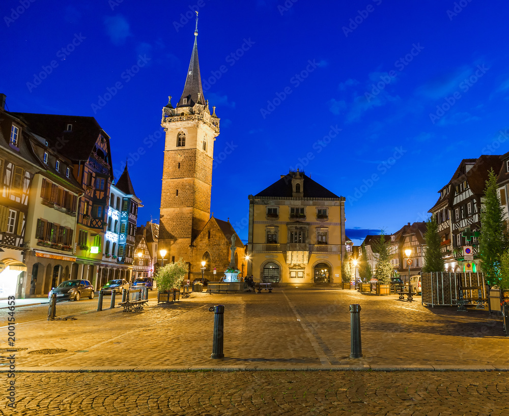 Obernai town, at night, Bas-Rhin, in Alsace region, France