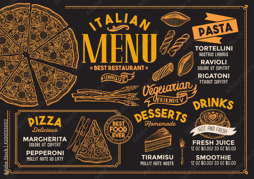 Pizza restaurant menu. Vector food flyer for bar and cafe. Design ...