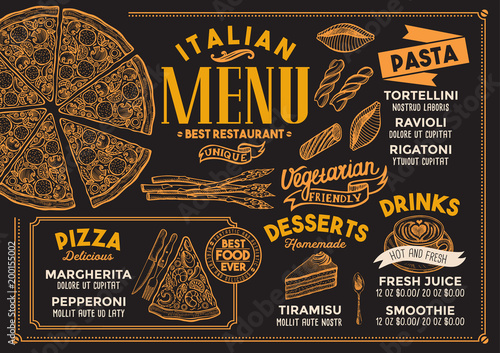 Pizza restaurant menu. Vector food flyer for bar and cafe. Design template with vintage hand-drawn illustrations.