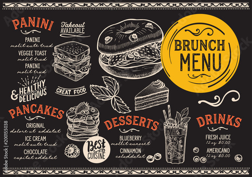 Brunch restaurant menu. Vector food flyer for bar and cafe. Design template with vintage hand-drawn illustrations.