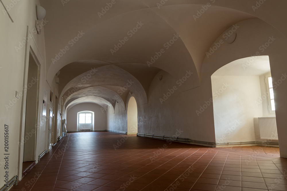 a view of the historic hallway with vaulted ceiling