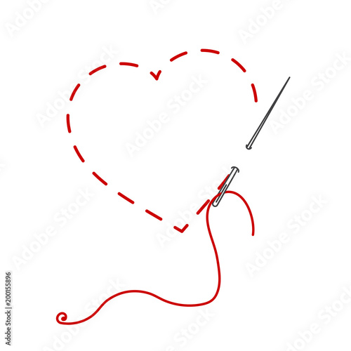 A vector illustration of stisched heart, needle with thread. Embroidery stylization with stitches. Background for Valentines day, marriage.