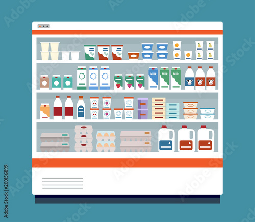 Commercial refrigerator full of dairy products. Isolated on blue background. Flat style vector illustration. 
