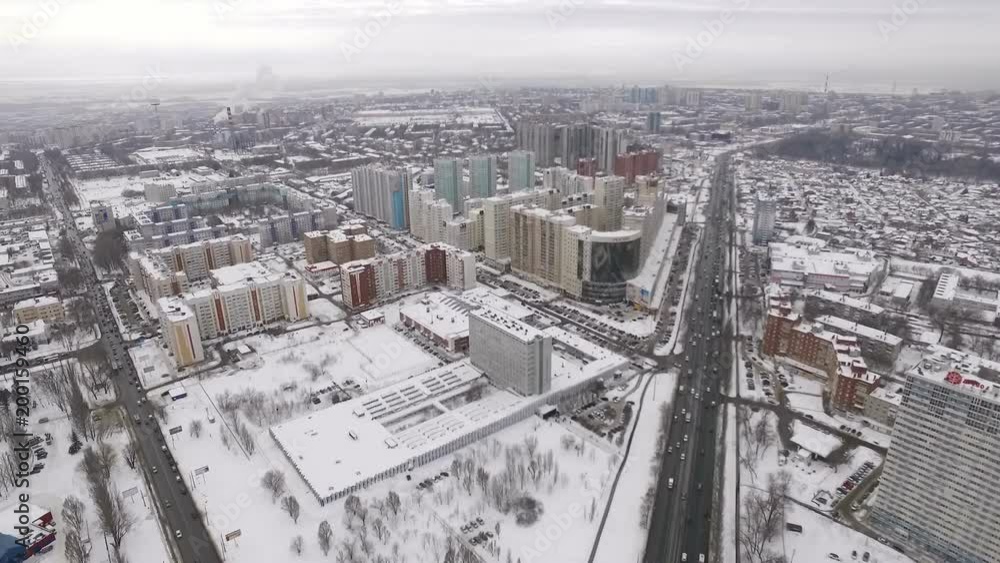 aerial winter panorama of Samara city, camera is moving back aerial winter panorama of Samara city, camera is moving back