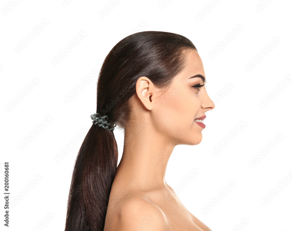 Young woman with beautiful makeup on white background. Professional cosmetic products Young woman with beautiful makeup on white background. Professional cosmetic products