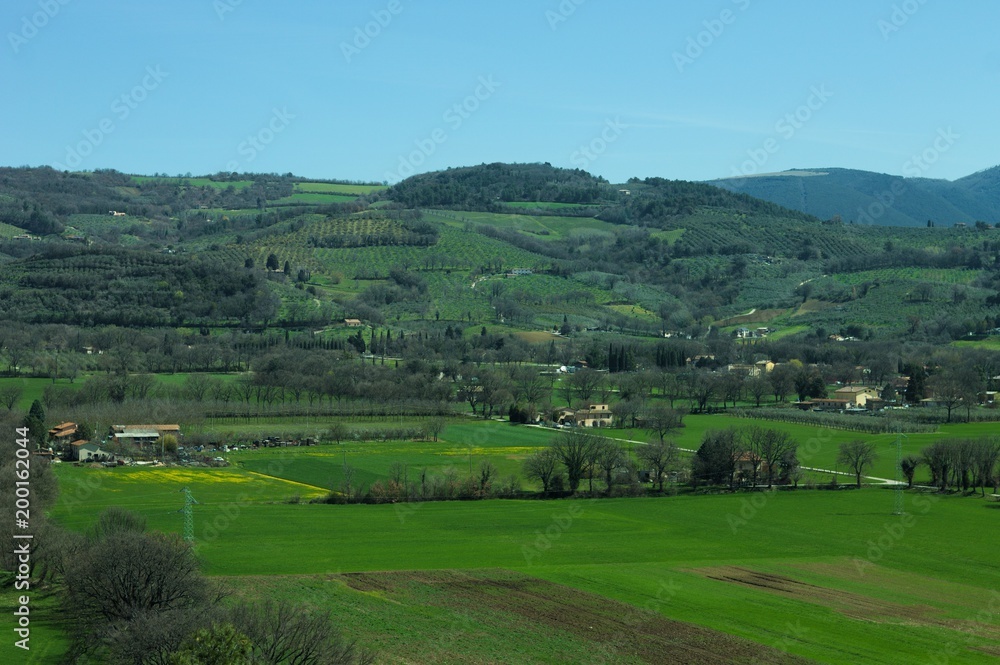 Panoramic view of Italian hills and fields (Spello, Umbria, Italy)