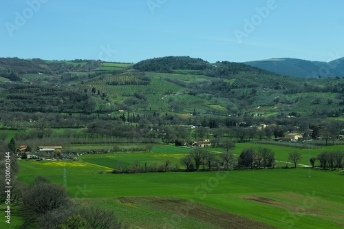 Panoramic view of Italian hills and fields (Spello, Umbria, Italy)