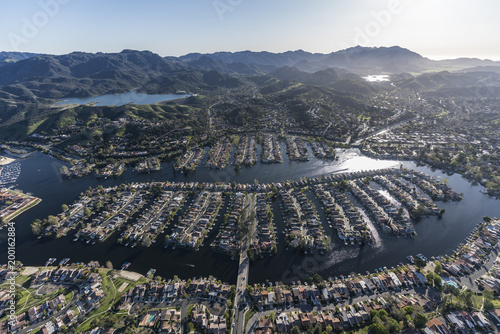 Aerial view of lakeside hom...