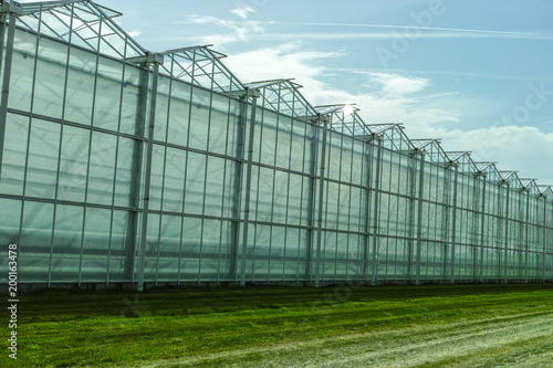 New empty big greenhouse, view outside with blue sky