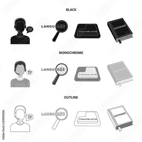 A translator in headphones, a magnifying glass showing translation, a button with an inscription, a book with a bookmark. Interpreter and translator set collection icons in black,monochrome,outline