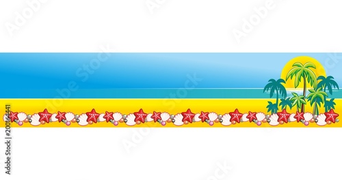 Banner with beautiful beach background, sea, palm trees, sea star cockleshells