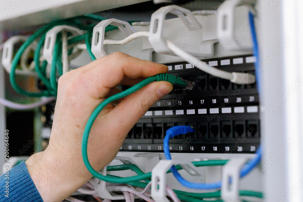 Network equipment connection for the server room, close-up