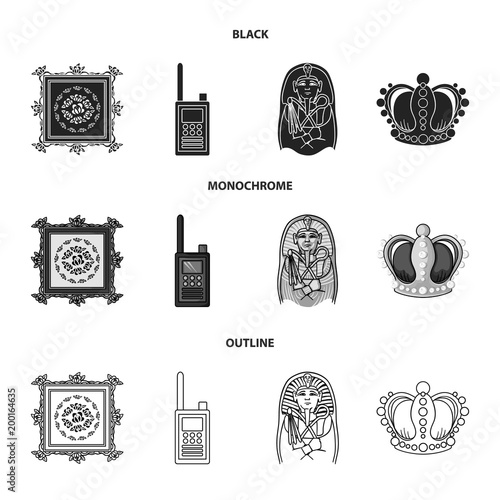 Picture, sarcophagus of the pharaoh, walkie-talkie, crown. Museum set collection icons in black,monochrome,outline style vector symbol stock illustration web.