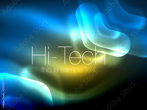 Blurred arrows in dark space. Neon pointers, glass glossy design, abstract shiny techno background, web banner