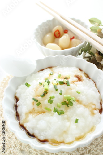 chinese food, rice porridge and soy sauce
